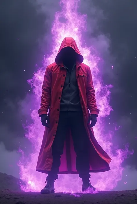 Un homme avec une veste à capuche rouge on voit pas son visage avec des flammes violette autour de lui avec écrit prince des saiyens