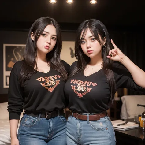 dark vintage film style, two super cute chubby very curvy hips Mexican nerdy emo teen sisters, short brown hair, beautiful detailed brown eyes, cutely detailed lips, cute highly detailed eyes and face, round shape face, wide curvy pearshaped hips, long sle...