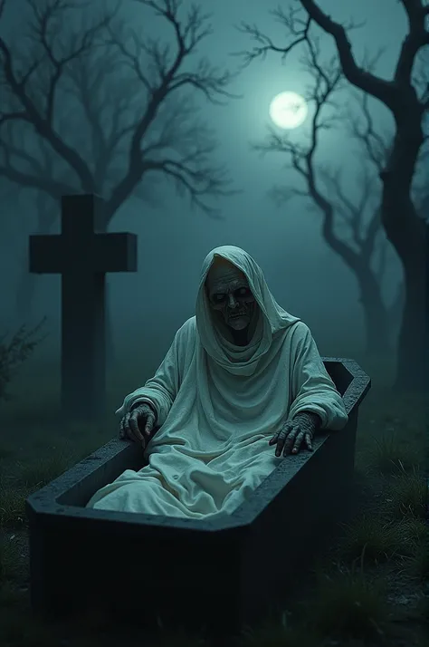  A dead person in the grave wearing a white coffin looks left and right and is afraid and the weather at night is very, very scary