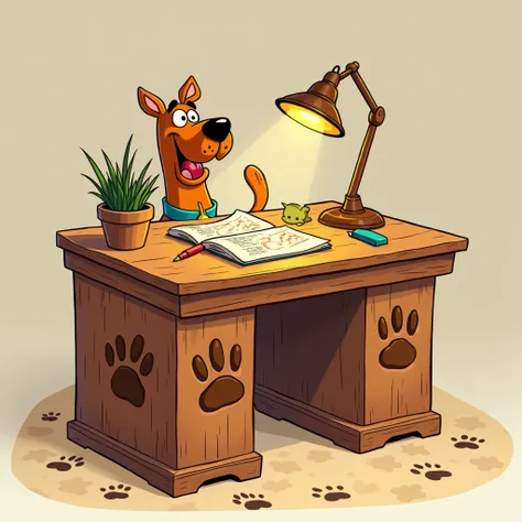 Illustrate a cartoon-style desk inspired by Scooby-Doo. The desk should be brown, with paw prints and a distinctive Scooby face on one side. Incorporate fun, dynamic lines and a playful expression."