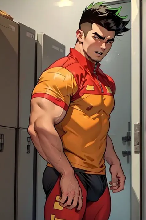 jake long from american dragon jake long, bodybuilder, sweaty, defined body, big legs, locker room, leaning against the lockers,...