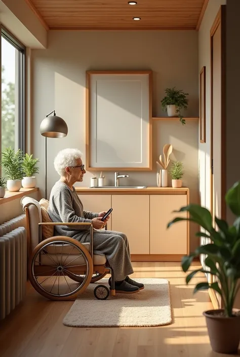 Generate an image of an intelligent SMART HOUSE for the elderly and tell me what things you have put in to make the stay for that person easier and more bearable
