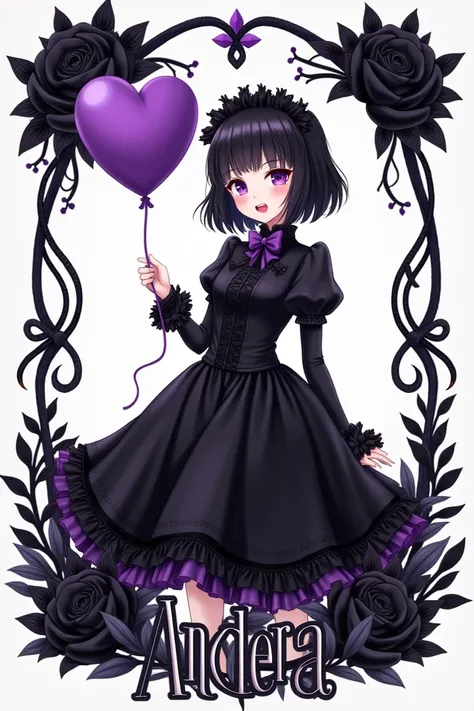 Kuromi wearing a black dress with purple heart balloon the name ANDREA with black flowers 