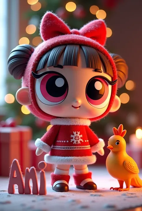 Powerpuff girls bombom dressed for Christmas with the name of Ani in 3D Below and added a phoenix next to pink eyes
