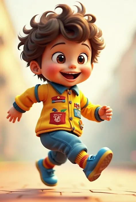 -A 3D hyperrealistic Create an image of a cheerful  with bright, sparkling eyes and Wavy hair. 
He is wearing a uniform  with play Organ occupations patterns and wearing Blue  shoe and is playing  The scene radiates warmth and joy, 
capturing the essence o...