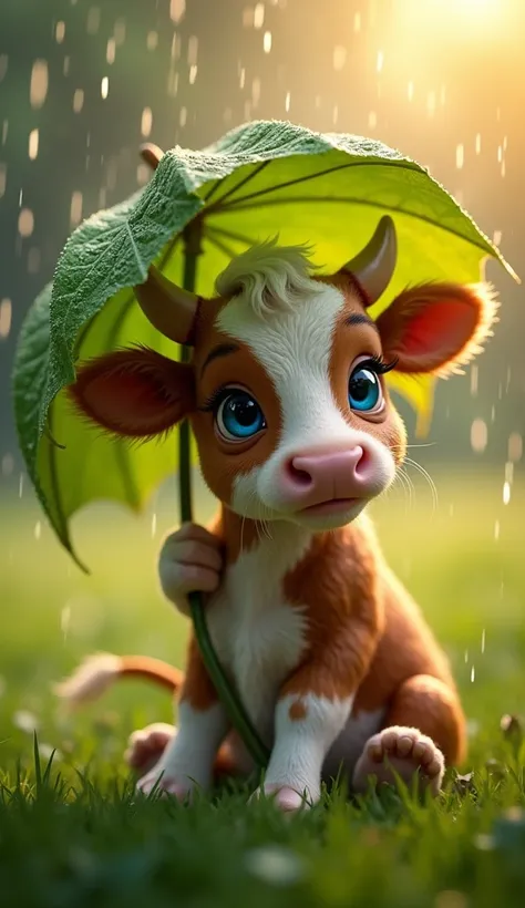 An adorable brown and white miniature cow with large, intense blue eyes, incredibly realistic and detailed, holding a tree leaf and using it as an umbrella in a falling rain. The cow is posed and seated on her buttocks like a human, delicately under the sp...