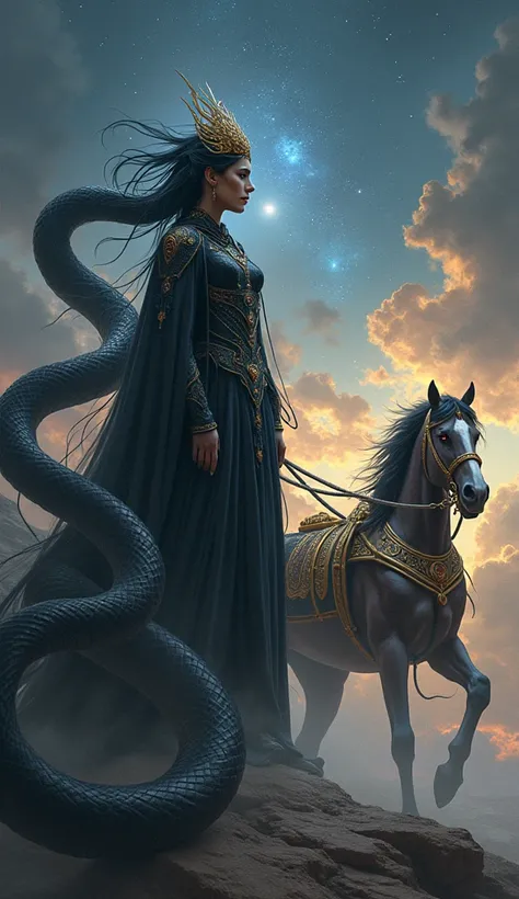 Kadru is commanding her snake ren, who are black serpents with glowing red eyes, as they magically coil around the horses tails, turning them black. Vinata is shown standing in despair, realizing her loss. The background features a celestial sky with a gol...