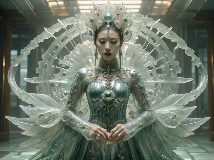 Futuristic native futurism, Actress Zhao Lusi plays the high-level cybernetic cyborg, green Jade lotus cyborg, lace, gigantic cleavage breasts:1.5, full body post, A beautiful young woman like Pan Jinlian, wear shorts and a hat walk street, the Japanese go...