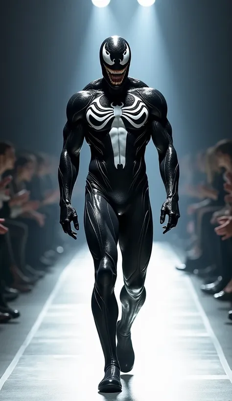 A male, wearing a Venom costume,  is walking on the stage of a fashion show with bright lighting. full body