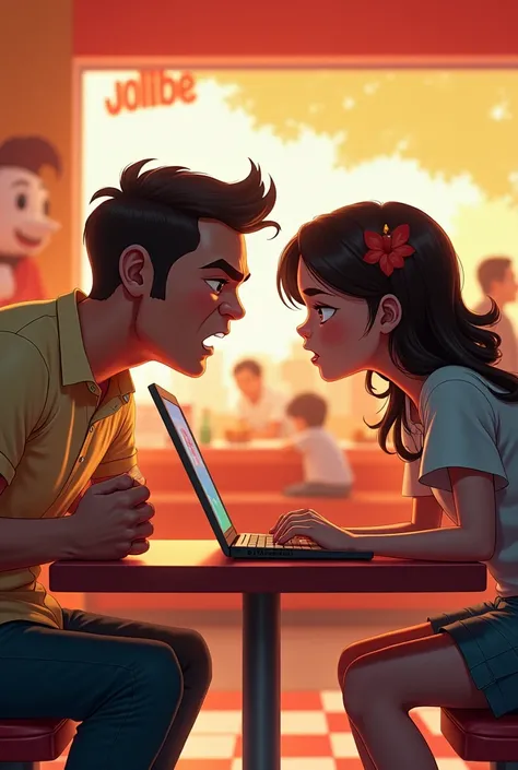 Make an image of a father and daughter fighting in jollibee while the daughter is using her laptop make them sit