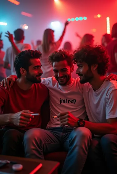 Three besty sharing a cigarettes sitting inside the couch in the club wearing Red and white shirts surrounding them people dancing on the font of the shirt a text on the shirt of the  other guys says JKING  MBL Rep