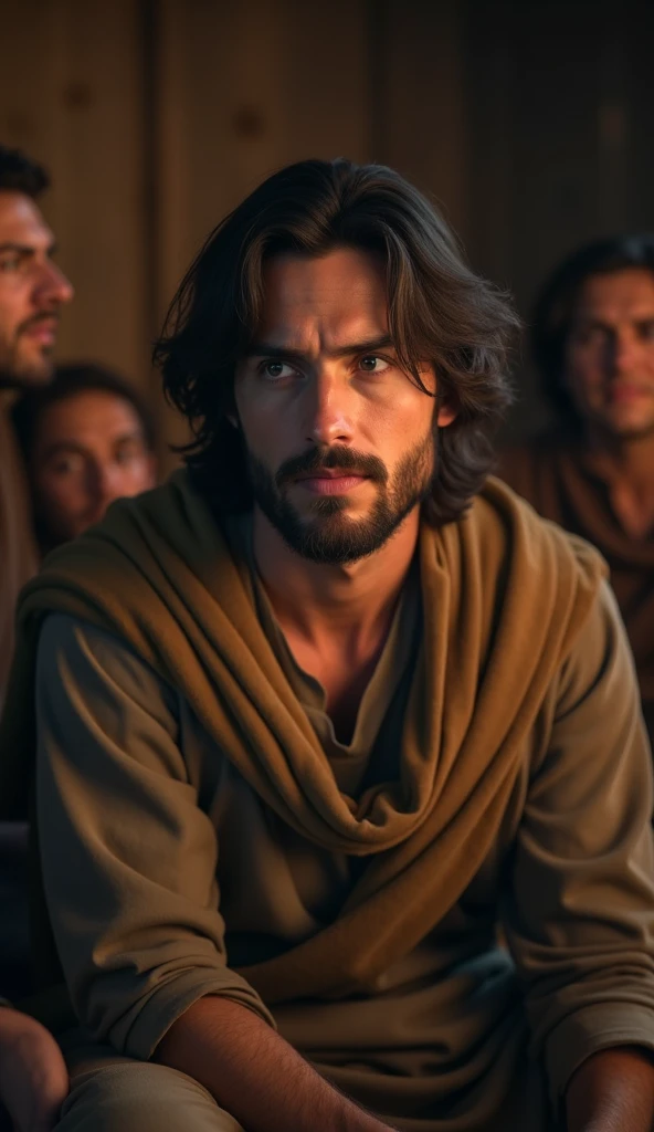 Create a Ultra-realistic style close-up of a man with dark brown, shoulder-length hair, wearing a traditional long tunic in muted colors, with a cloak over his shoulders, expressing empathy and concern in a simple, dimly lit room with a few friends around ...