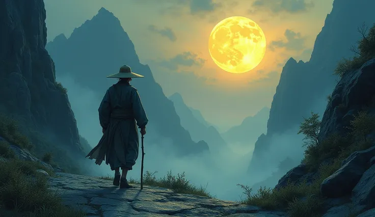 Create an image of an old wanderer walking along a narrow mountain pass, lit by the soft, golden light of a full moon that fills the sky. His wide-brimmed hat casts a mysterious shadow over his face, and his bamboo staff supports him as he walks. The style...