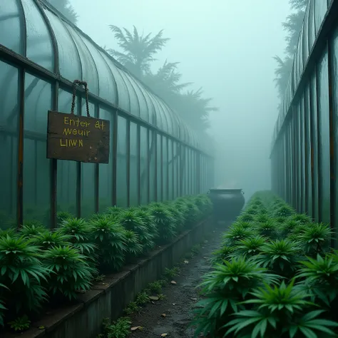 Wide-angle shot of a mysterious greenhouse, shrouded in a thick veil of misty fog and wispy smoke, veiled secrets lurk within. Framing a transparent glasshouse reflecting eerie atmosphere like a surreal mirror. Rows of vibrant green weed plants stretch tow...