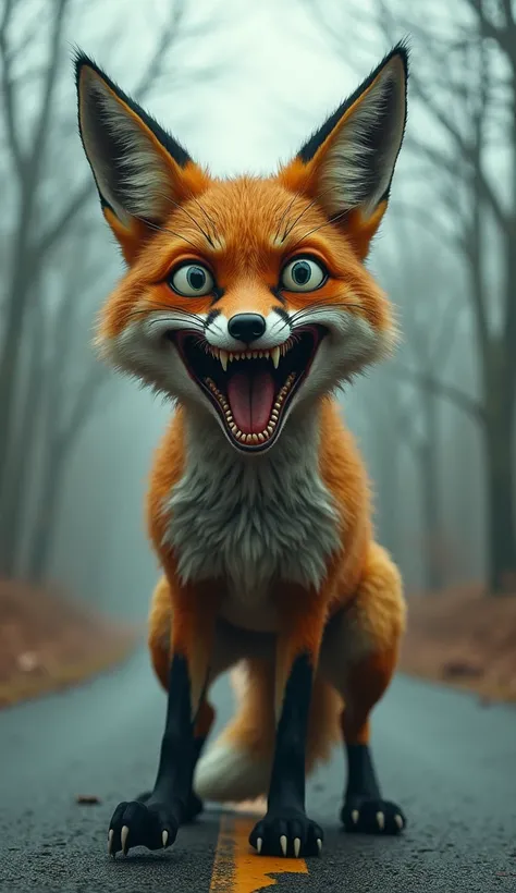 Create a image fox which mouth looks like a horror I am very hilarious that is stand on the road 