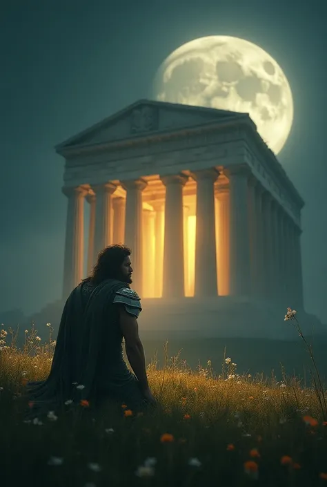 A serene night scene in an open field with Bellerophon kneeling before Athenas temple, a golden light descending from above hinting at the goddesss presence