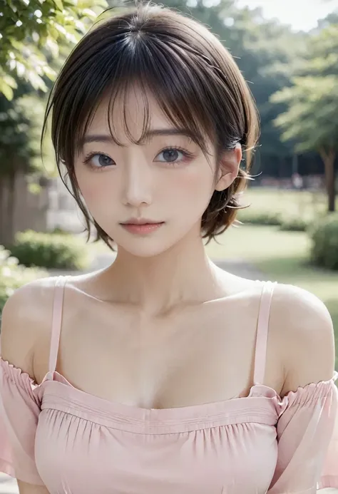 (masterpiece,  best quality:1.2), 8k,  1 girl,  1 Japanese Girl , 85 mm,  Official Art,  RAW Photos,  pretty face,  close,  face focus, cute girl, Tighten your waist,  beautiful thighs,  Drenched , sweat,  medium breasts,  pink off shoulder blouse, Short s...