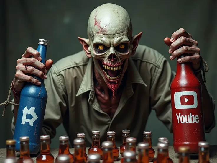 An undead zombie with decayed skin and wearing tattered rags is holding a right hand blue color bottles that up side righted Facebook and holding a left hand red color bottle that up side righted YouTube and front side have many bottles on the table that b...