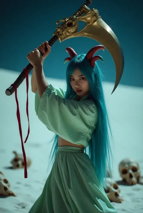 Shot with Canon, Cosplay Beautiful Korean girl 27 .  aggressive eyes, long blue hair, wearing a light green dress, a lush cropped blouse, wearing a goat skull cap, with a red stripe, nose and under her eyes holding a demon slaying sickle, a magic weapon wi...