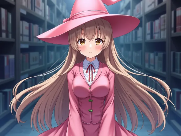 , maximum resolution ,  Very detailed ,  1 girl, Very long hair,  Light Brown Hair ,  big breasts, fit,smile,  shy, Brown eyes,. The background is a library with a large cabinet,Image in blue tones ,Wide Angle Lens, , wearing a pink witch costume, fair lig...