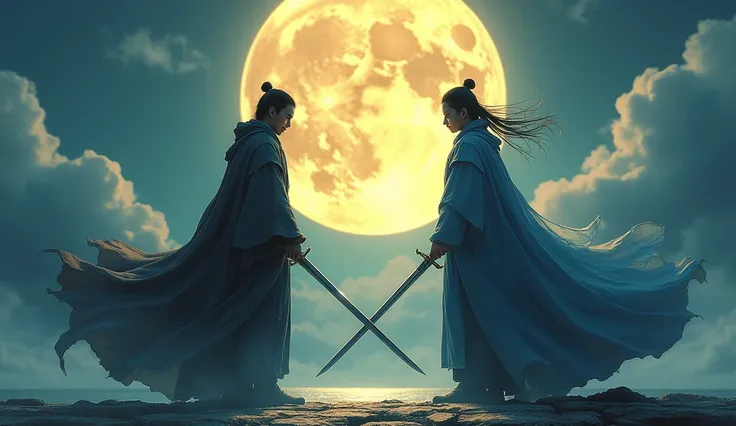 Create an image of two legendary swordsmen facing each other on a moonlit stone platform, with an oversized golden moon overhead. Their robes and swords reflect the light, and their expressions are intense yet serene. The style is a blend of traditional an...