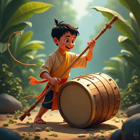 Thai boy, , plays long drum, Thai musical instrument