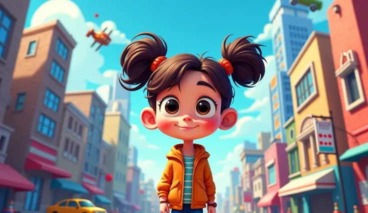 Cartoon image bustling metropolis of Cityville,
 a cartoon  features big curious eyes,two pony tail hair