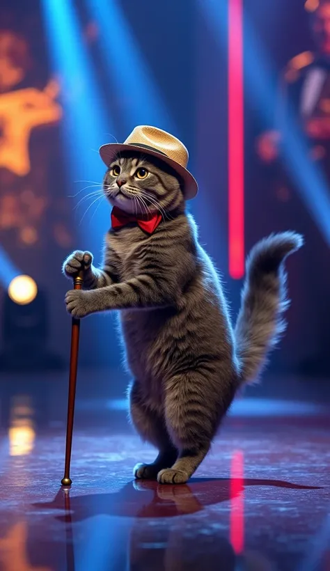 Jazz-Cat Charlie, a suave gray tabby cat, delivers a lively jazz routine in the center of the Americas Got Talent stage. The floor glistens under vibrant blue and yellow lights, and the digital screens project a retro jazz club scene with neon accents. Cha...