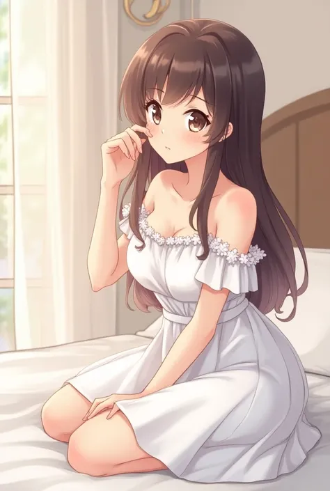 anime - style image of a woman in a white dress sitting on a bed, an anime drawing by Shitao, pixiv, process art, loli in dress, seductive anime girl, cute anime waifu in a nice dress, beautiful alluring anime woman, hestia, , anime goddess, anime moe arts...