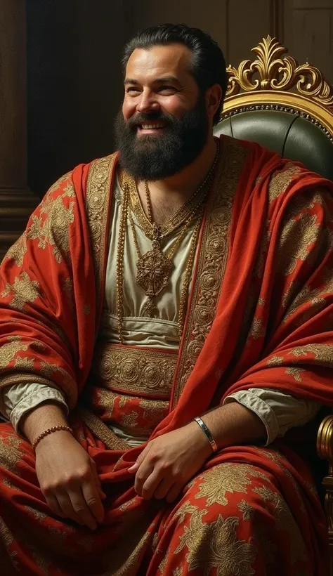 King Herod Antipas, a slightly overweight man with a neatly trimmed beard and dressed in luxurious robes embroidered with gold, sits on a throne with an eager, mocking smile. 