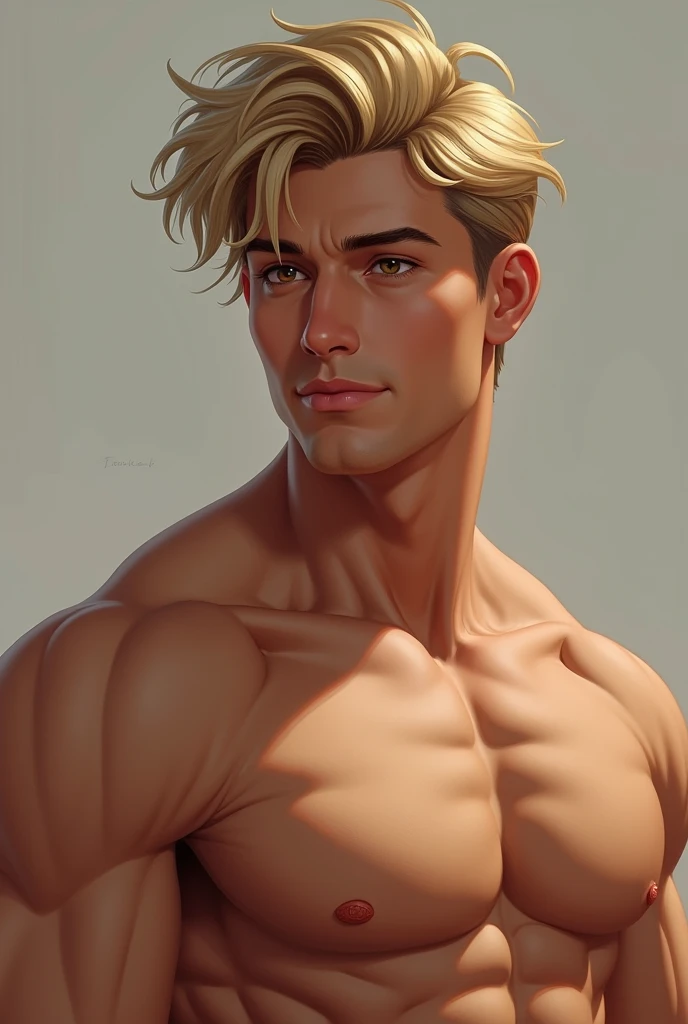 Man with blonde wavy short hair, muscular, soft dark drown eyes