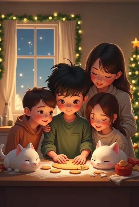 dark hair   preparing xmas cookies with his parents
 Theres a crib with a baby near them and a white cat into the crib sleeping 