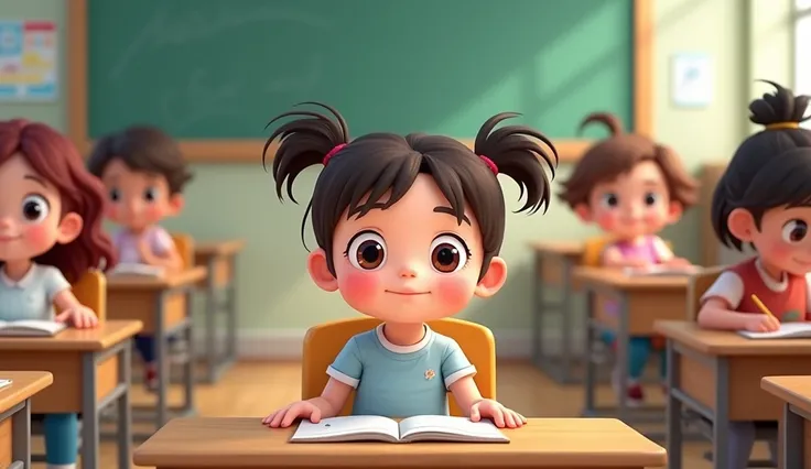  a cartoon  features big curious eyes,two pony tail hair is attending school(lecture) in class with other s
