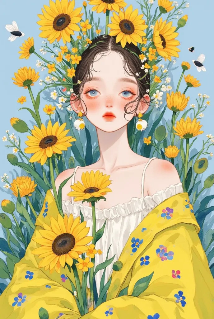 illustration of a woman wearing a flower crown on her head, soft anime illustrations, beautiful sunflower anime girl,  artstrati...