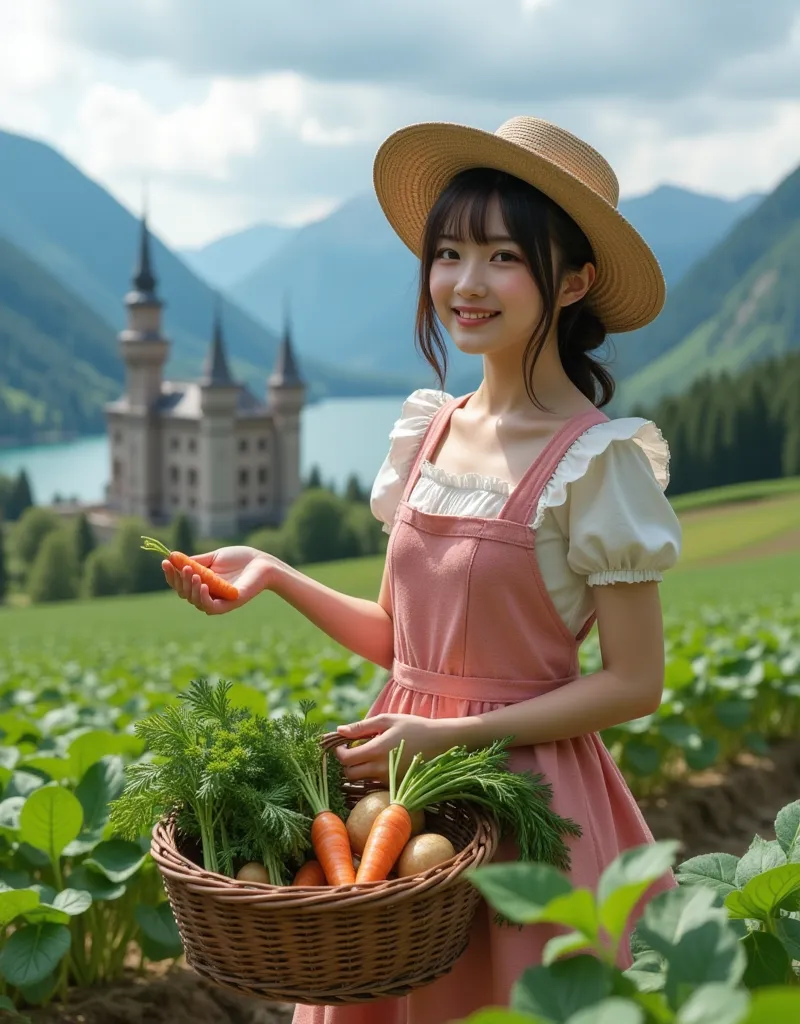 ultra-realistic, photorealistic, dramatic scene, shadow, global-illumination, solo, (20 years old Japanese famous idol girl:1.5), very beautiful fragile Japanese girl, very beautiful with very cute face, (modern maid, detailed face skin texture, cowboy shot:1.2), (wearing a cute colored maid outfits with frills:1.2), She is at the small farm in the mountains near an old European castle, amazing view of the castle by the lake, She harvests carrots and potatoes and spinach in the field, She is holding a carrot she pulled from the field in both hands, many vegetables are in the basket, smile, she looks so happy