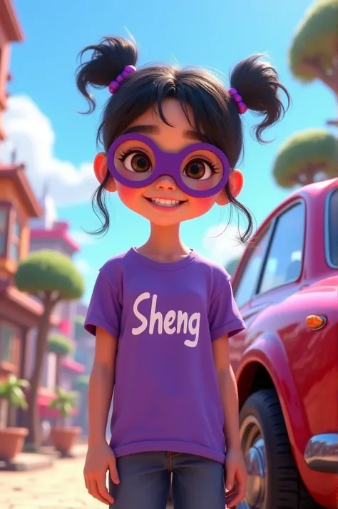 A girl named "sheng" written to her t-shirt coloured purple. With purple mask. With a car on her side. Animated