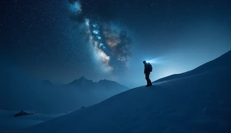 (UHD, retina, masterpiece, super detail, high quality, best quality, 16k), A realistic photograph of an adventure in the Himalayan mountains, capturing a minimalist moment of a lone mountaineer silhouetted against a dramatic backdrop of the Milky Way in a ...