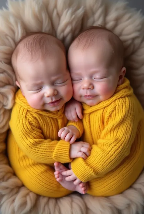 Newborn twin photographer, portrait, three babies sleeping, smiling face, wear yellow knit sweater