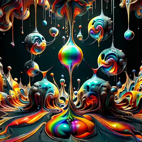 A psychedelic dream, vibrant colors shimmering, glass morphing from colors, intricate rainbow patterns, perfectly formed symmetrical spheres and glowing reflective bubbles, attention to detail on the bubbles and spheres, rainbows of color twisted in and ou...