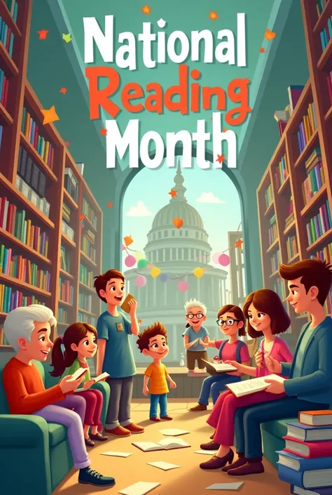 National reading month in a library, with the title on top middle saying "national reading month" slightly cartoonish
