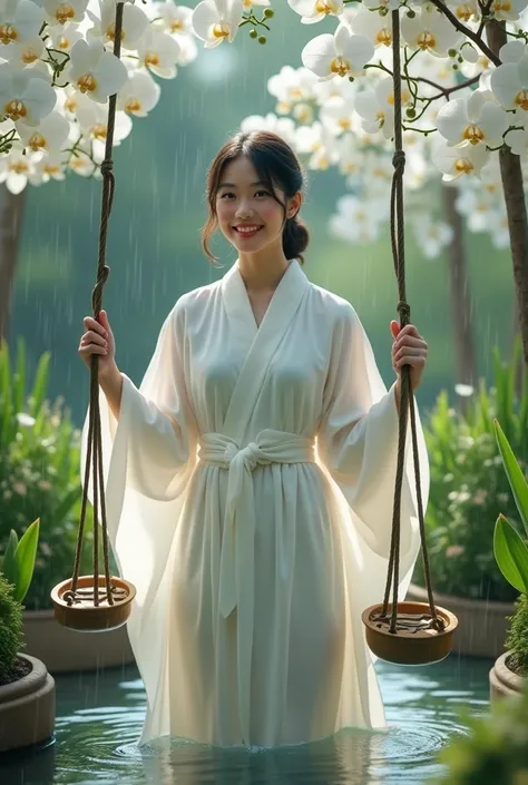 depicts a realistic photo, a Japanese woman wearing a polite abaya, smiling sweetly in front of the camera, taking a rain shower in a white orchid garden, while playing on swings and playing boats, full HD 16K