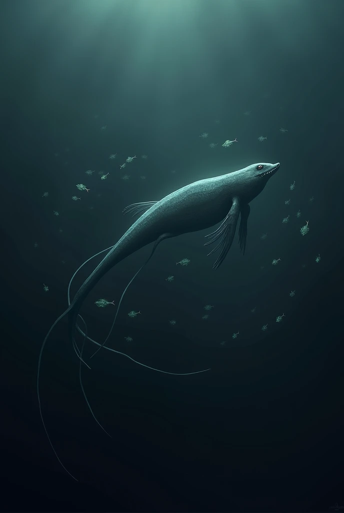 A **Kyllimir-Auk** swimming in the ocean depths: The being glides gracefully, surrounded by a school of glowing fish. Its elongated fingers have webbed membranes, and its sleek body is adapted for speed. The environment is dark, illuminated only by the cre...