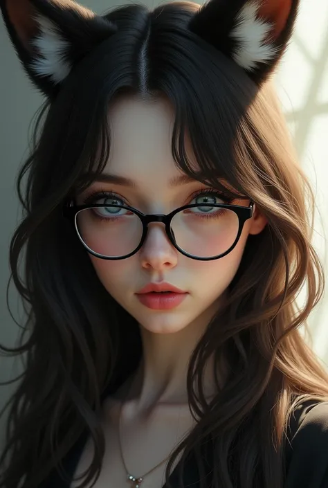 Woman kitsune with long  dark brown hair, black small glasses and has blue eyes, european face