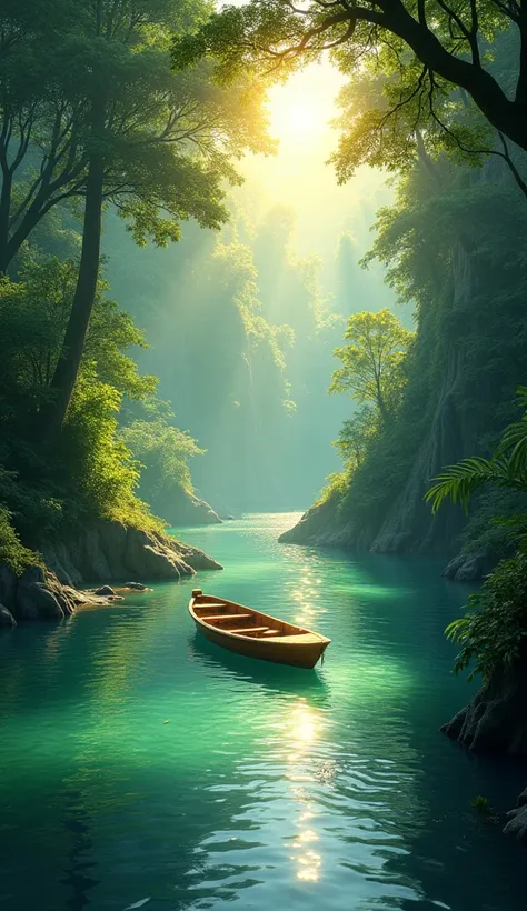 4K QUALITY A serene jungle river with a wooden boat, sparkling under the morning sun."
