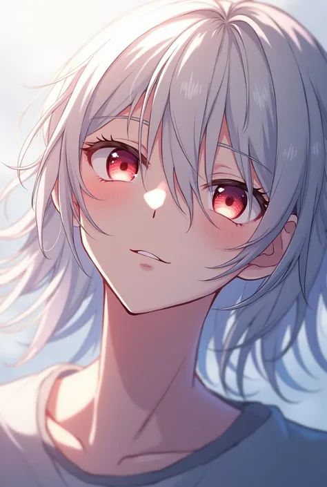 A guy with long hair covering one eye, his gentle face is looking up at you, he has white hair, red eyes and a gentle smile. Anime style 