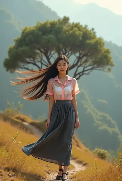 A mountain have a yellow soil.On the mountain have a tree with round shape.A young burmese lady is standing infront of the tree at the mountain.Wearing the transparent light pink short shirt with white lingerie,dark grey medium skirt and black high heel.Sh...