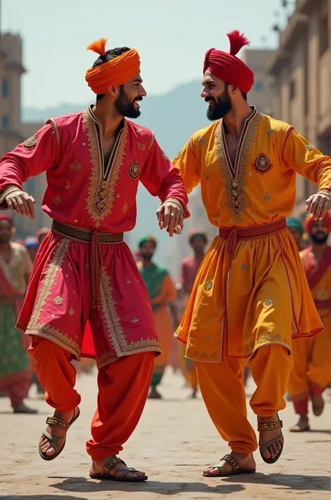 CREATE A HYPER REALISTIC IMAGE OF CHRISTIANO RONALDO AND LIONEL MESSI WEARING PUNJABI TRADITIONAL WEAR AND DOING PUNJABI DANCE IN INDIA 