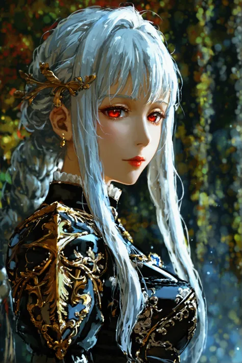  looks like a knight 、 is 18 years old 。 wears a ceremonial dress with a black base 。 a beautiful woman with a cold impression like ice 。 is a woman with long silver hair 、 and 、 has gold embroidery on its sleeve like a military uniform。 eyes are red like ...