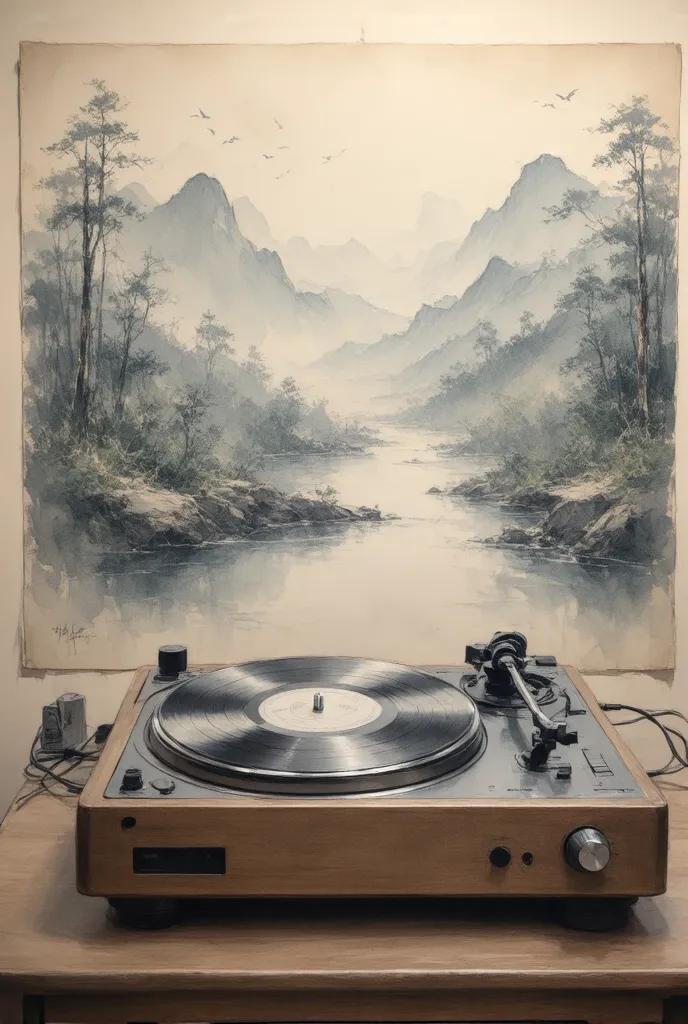 vintage record player，landscape painting