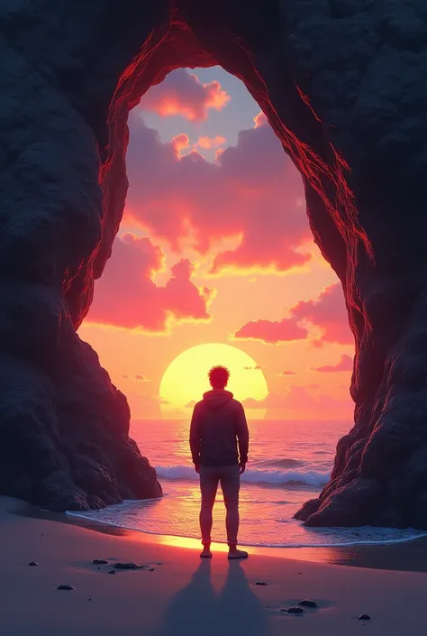 a man looks at the sunset on the beach + the man is standing behind a large rock